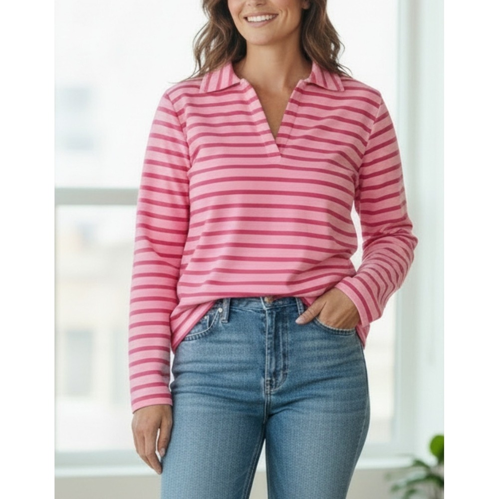 Talbots 3X Petite NWT Johnny Collar Pullover Stripe Polo Sweatshirt Pink Fleece